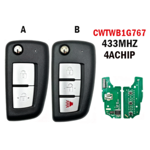 CWTWB1G767 is compatible with 2016 Nissan X-Trail and Qashqai folding remote control with 2/3 buttons, 433MHz, and 4Achip.