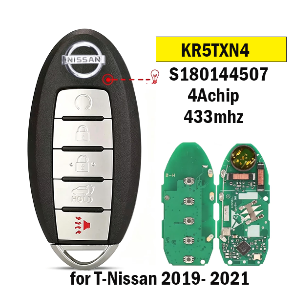 5-button remote car key compatible with Nissan X-Trail Kicks KR5TXN4, 4A chip, 433MHz, 2019-2021.